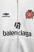 Balenciaga white zip-up hoodie front logos and crest patch