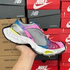 Unisex running shoe, gray mesh with pink upper and white cushioning sole