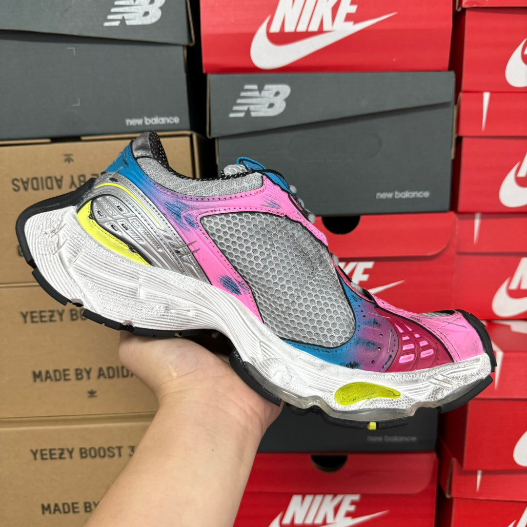 Unisex running shoe, gray mesh with pink upper and white cushioning sole