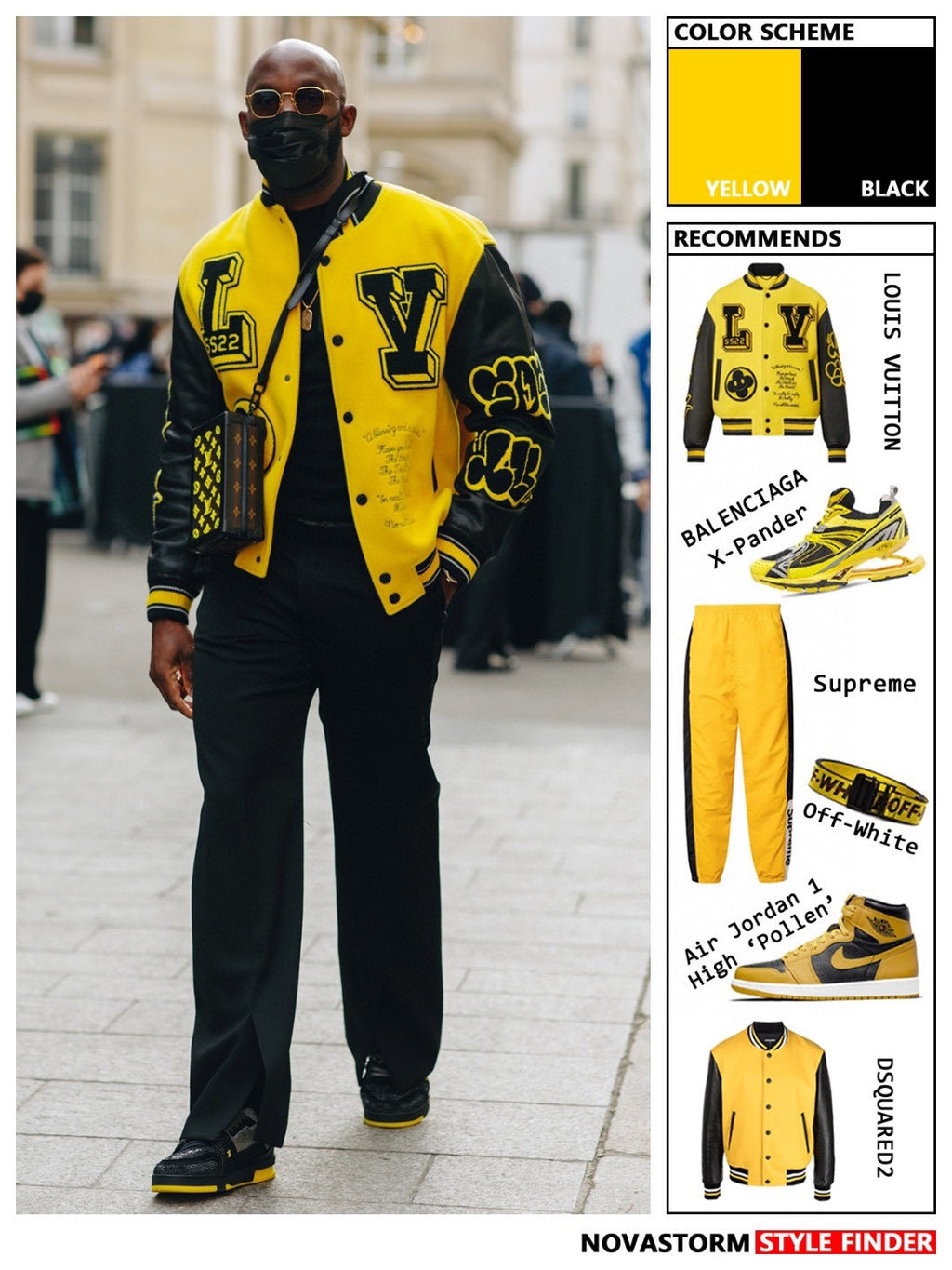 Louis Vuitton yellow varsity jacket with black trim and bold logo patches