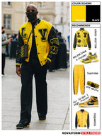Louis Vuitton yellow varsity jacket with black trim and bold logo patches