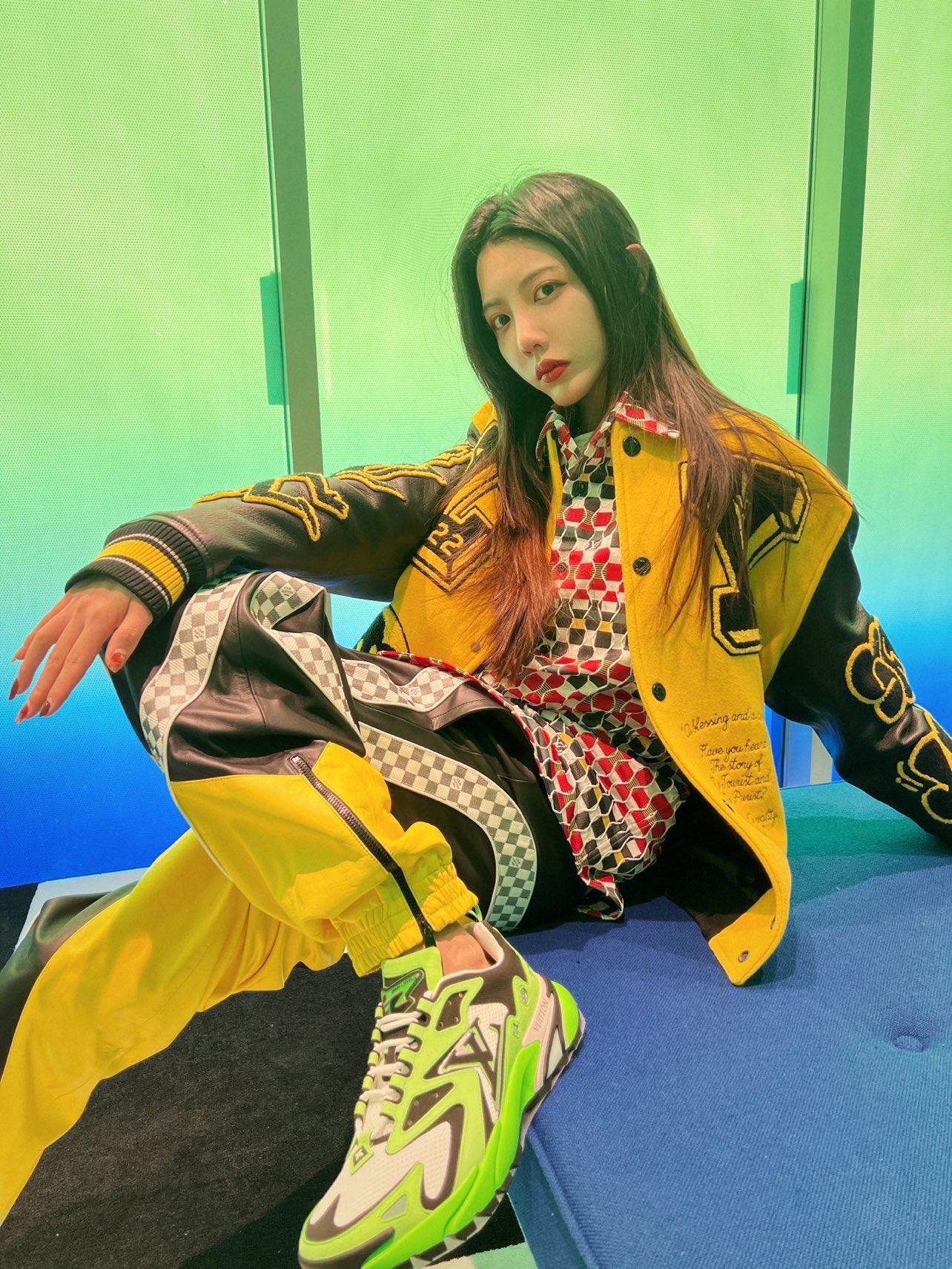 Louis Vuitton yellow and black varsity jacket with logo patches and snap buttons