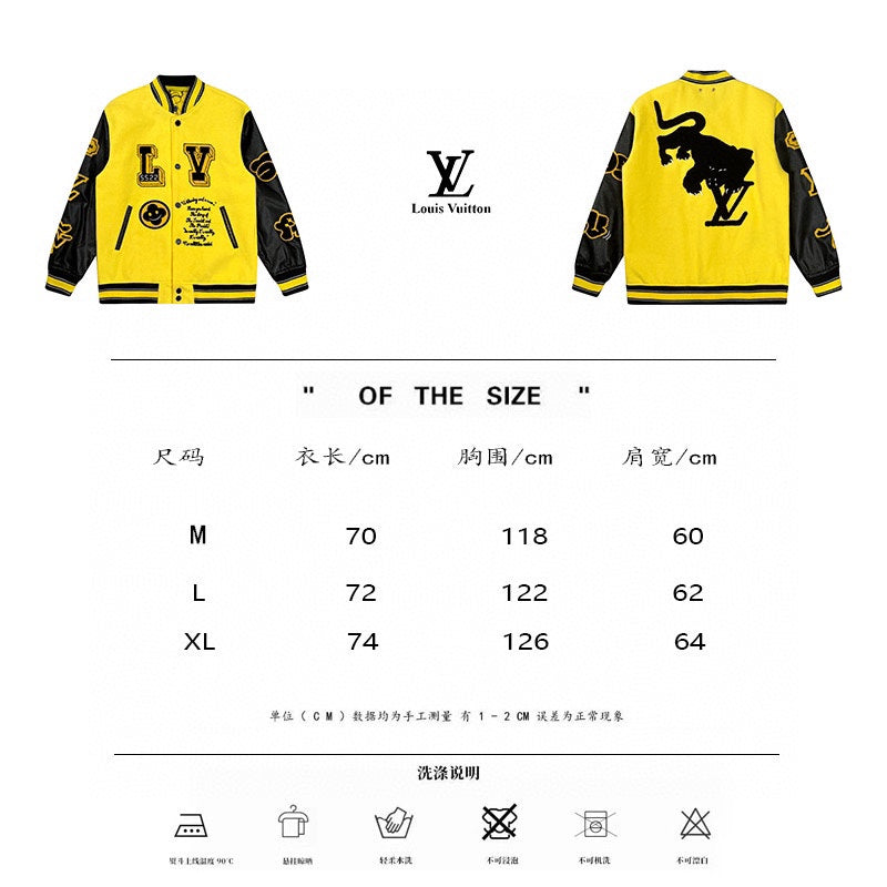 Louis Vuitton yellow and black varsity jacket with letter patches and snap front
