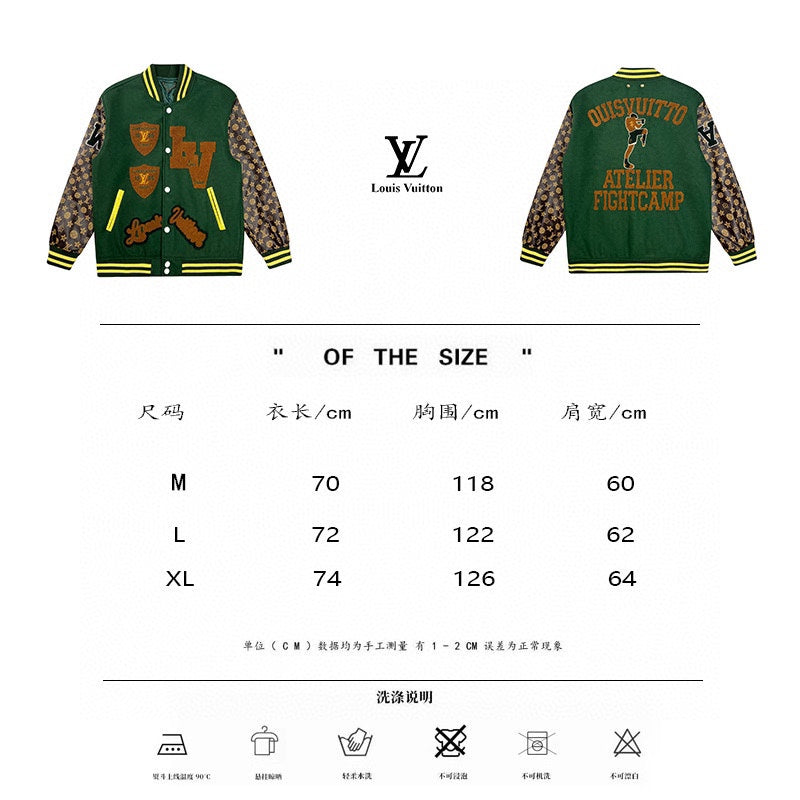 Green Louis Vuitton varsity jacket size chart with front and back garment views