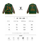 Green Louis Vuitton varsity jacket size chart with front and back garment views