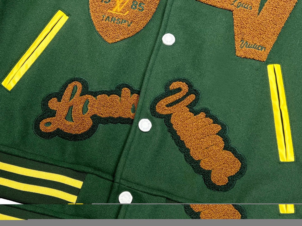 Green Louis Vuitton jacket front embroidery with snap buttons and yellow trim