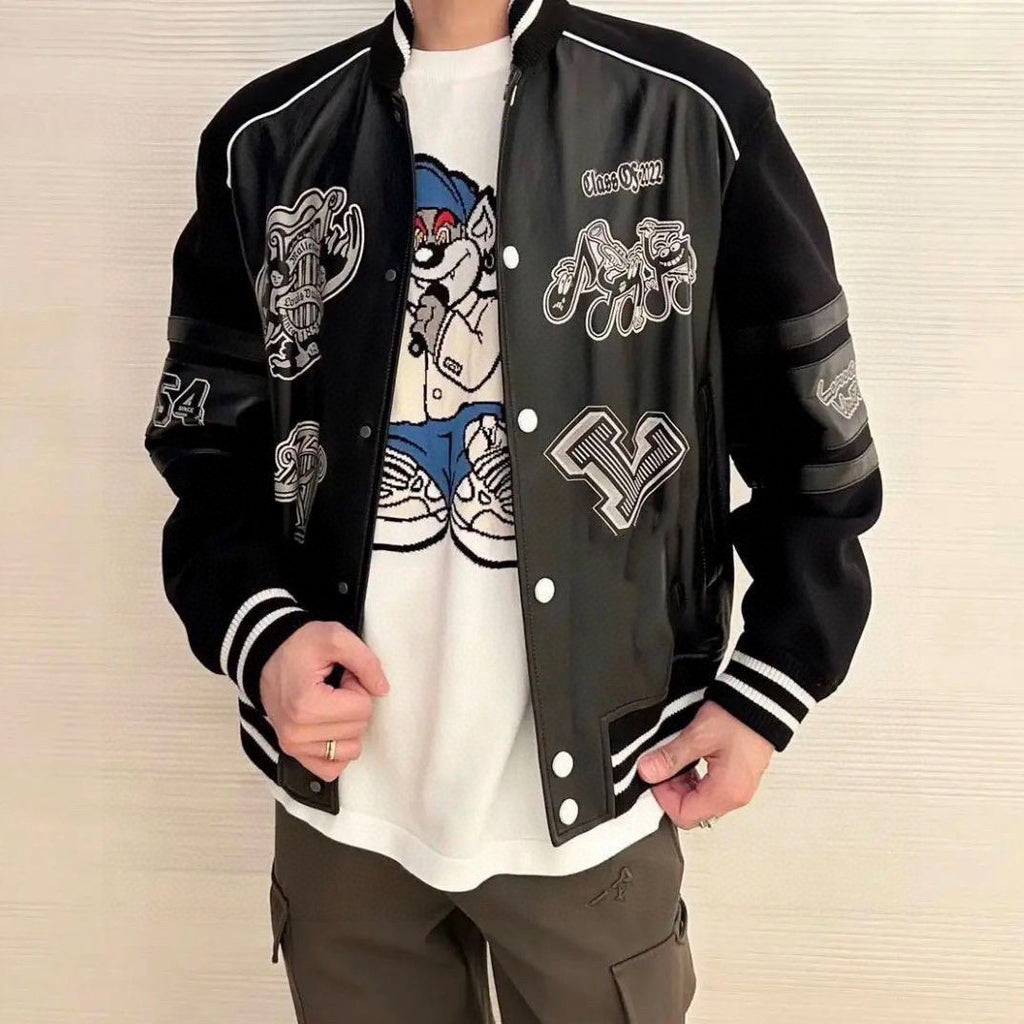 Louis Vuitton leather-look varsity jacket on model, button front and sleeve graphic detail
