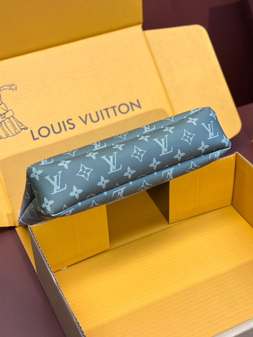 Louis Vuitton monogram pouch bag, light blue-gray, zip top with wrist strap