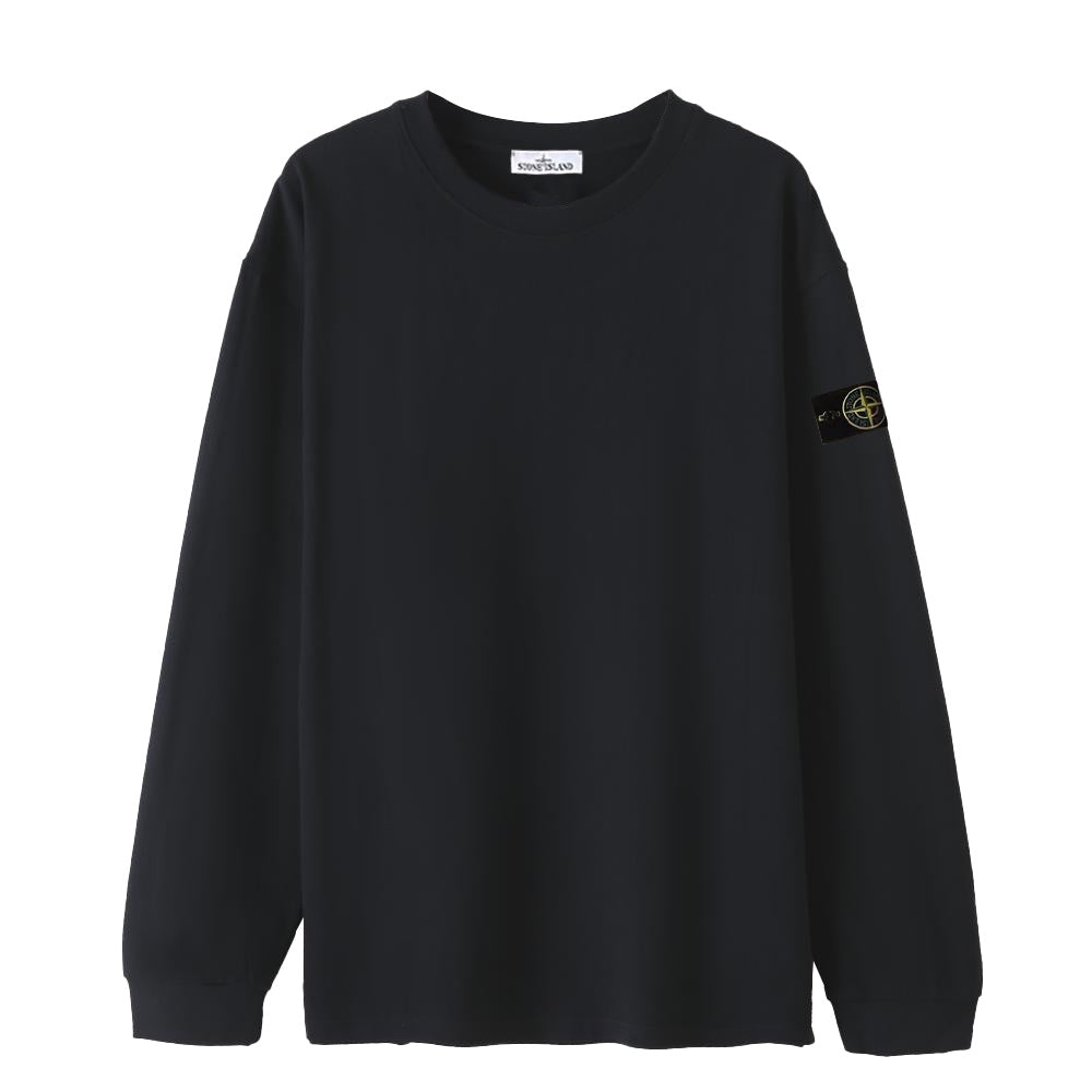 Black long-sleeve crewneck top with small side logo patch