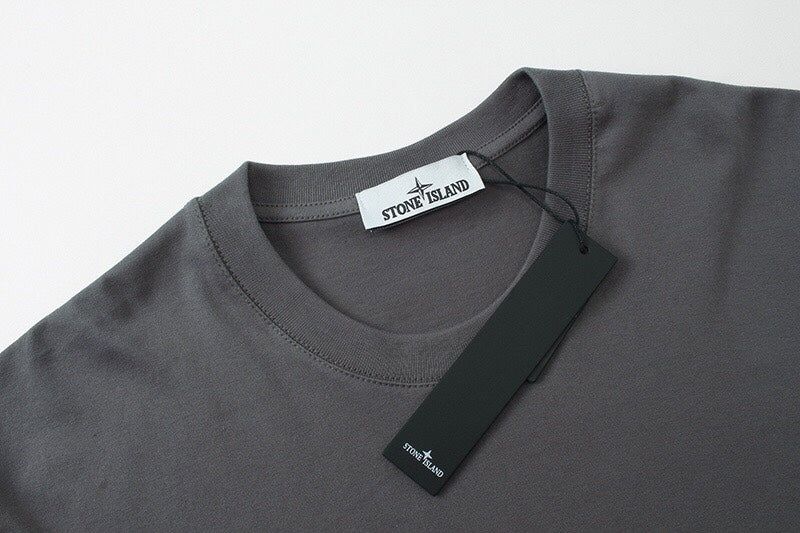 Grey crewneck sweatshirt neck label and hanging tag