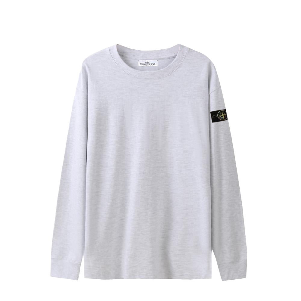 Light grey long-sleeve crewneck top with side logo patch