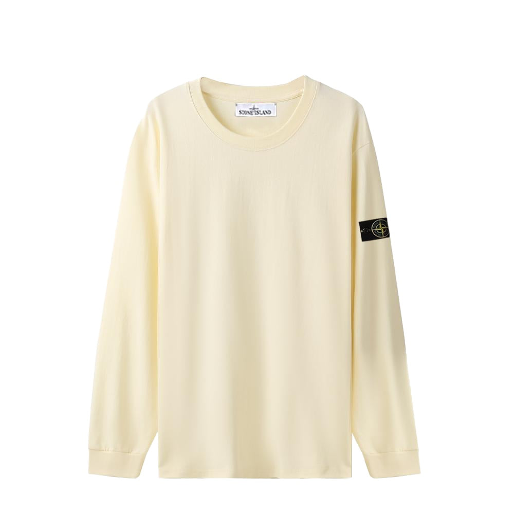 Cream long-sleeve crewneck top with side logo patch