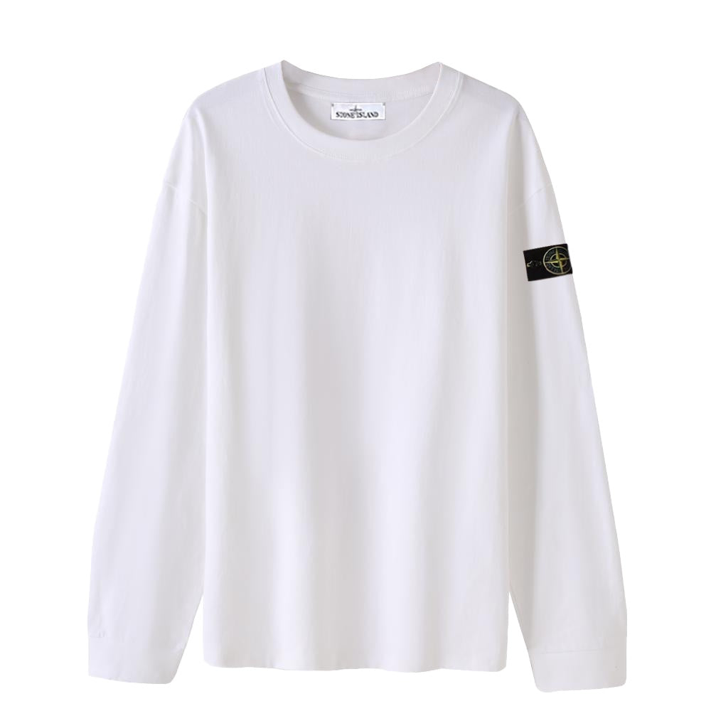 White long-sleeve crewneck top with side logo patch