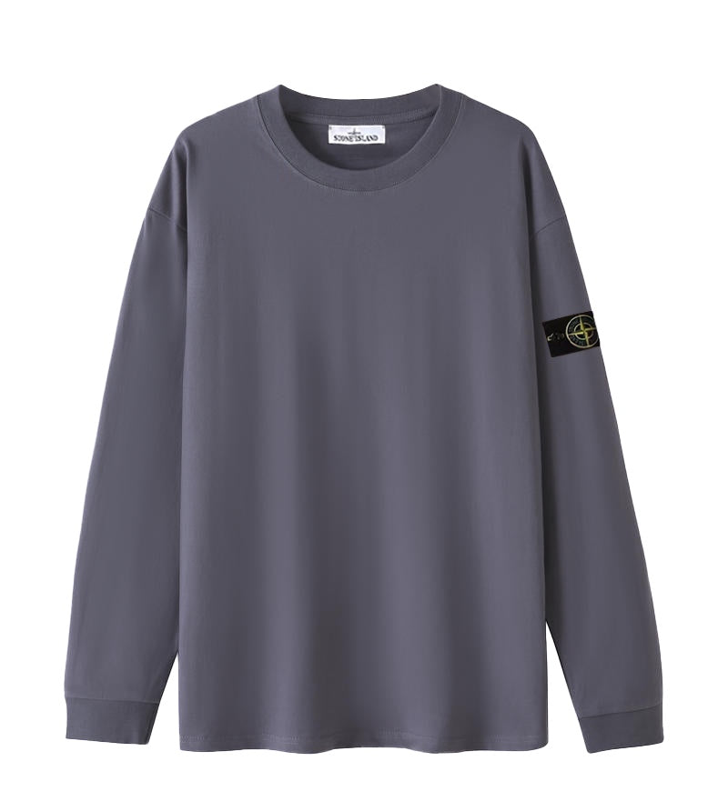 Grey long-sleeve crewneck top with side logo patch