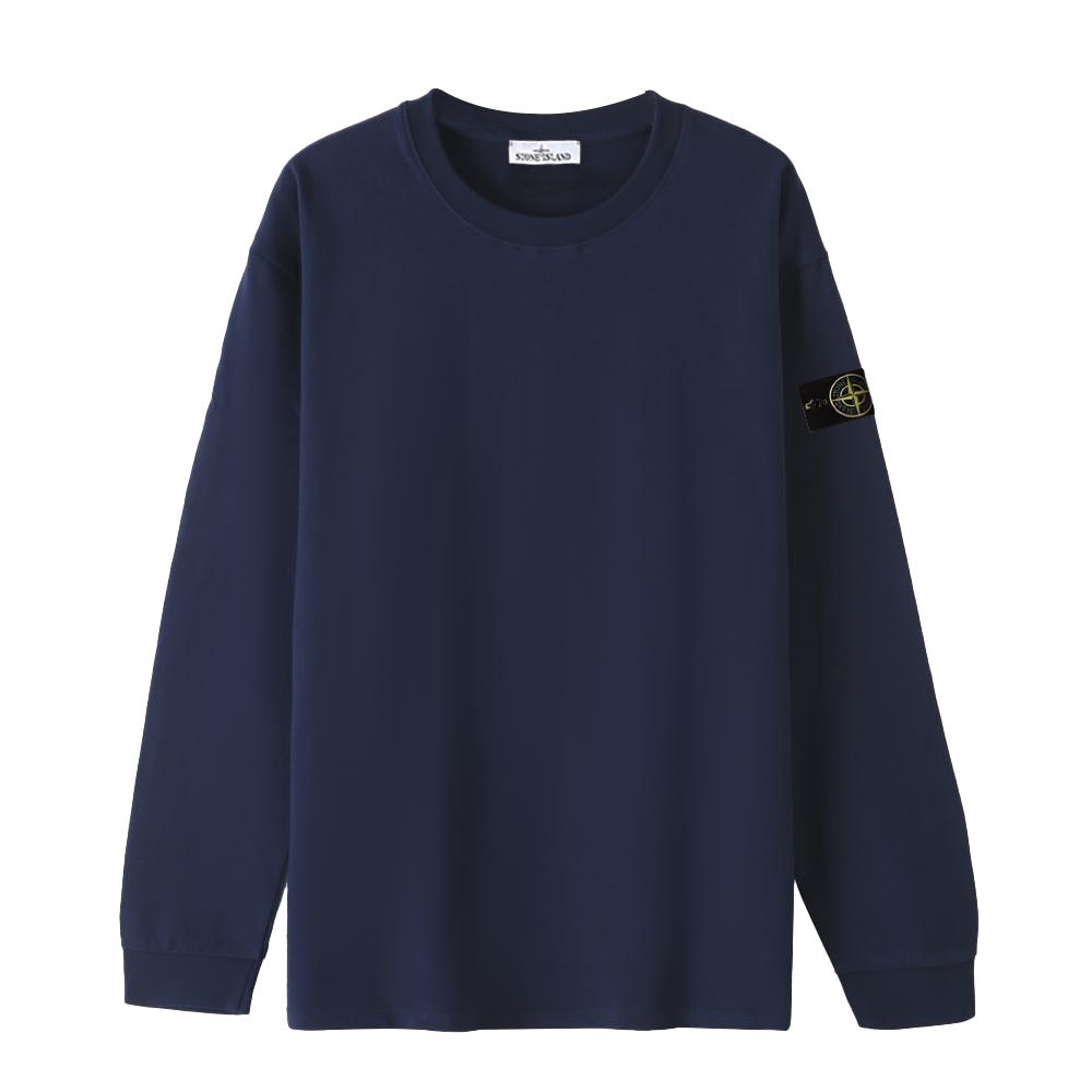 Navy long-sleeve crewneck top with side logo patch