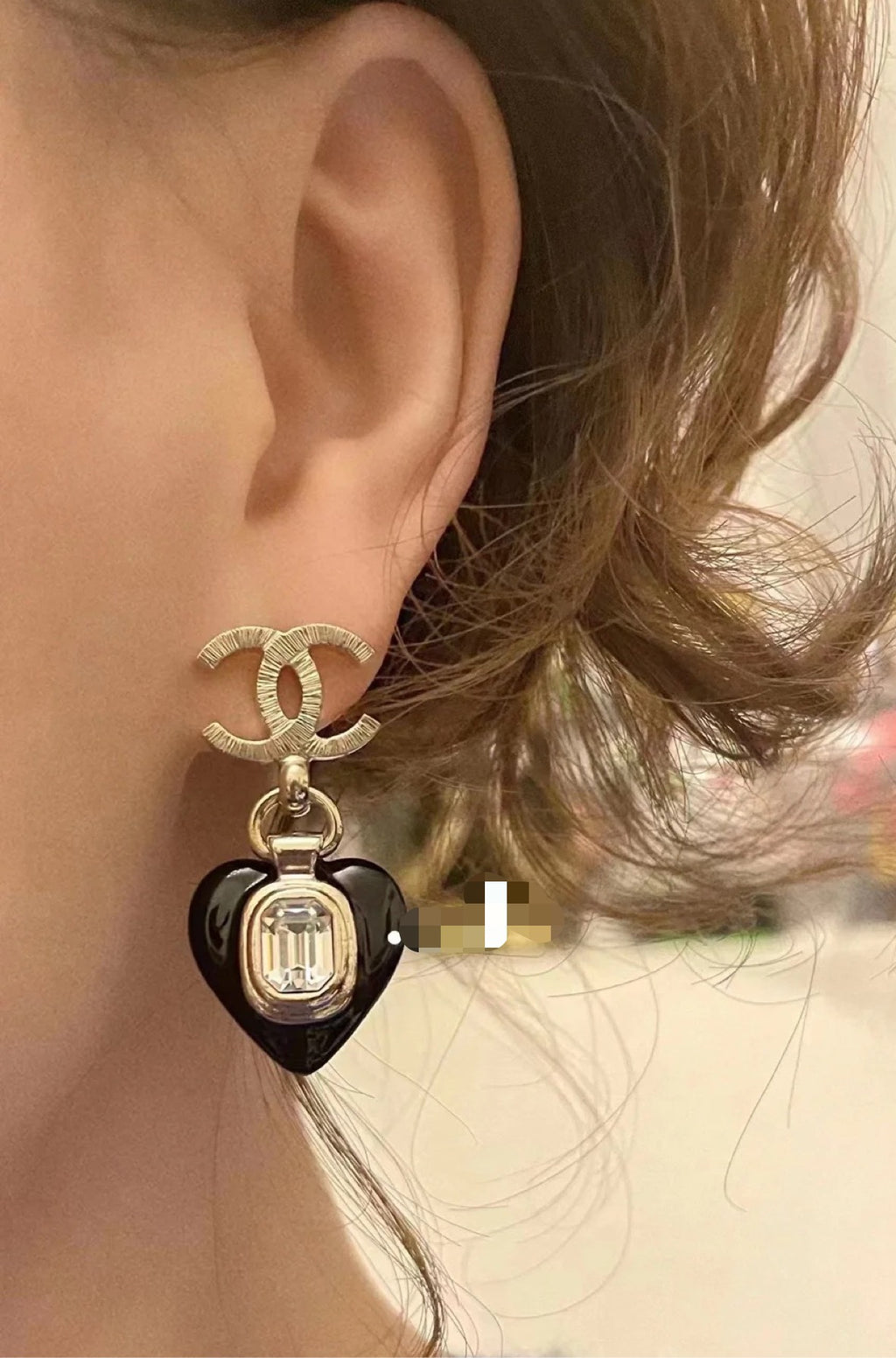 Chanel earrings with CC hook and black enamel heart charm with clear crystal