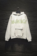 Off-white hoodie with hood, front logo print, and kangaroo pocket