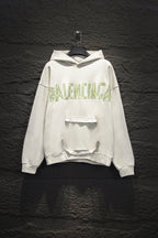 Off-white hoodie with hood, front logo print, and kangaroo pocket