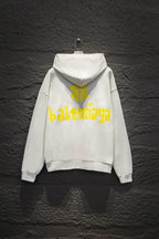 Off-white hoodie with hood and large yellow back graphic logo