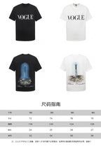 VOGUE T-shirt styles: black and white tees with VOGUE and lighthouse prints