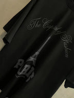 Black Balenciaga T-shirt detail with Eiffel Tower and PARIS graphic