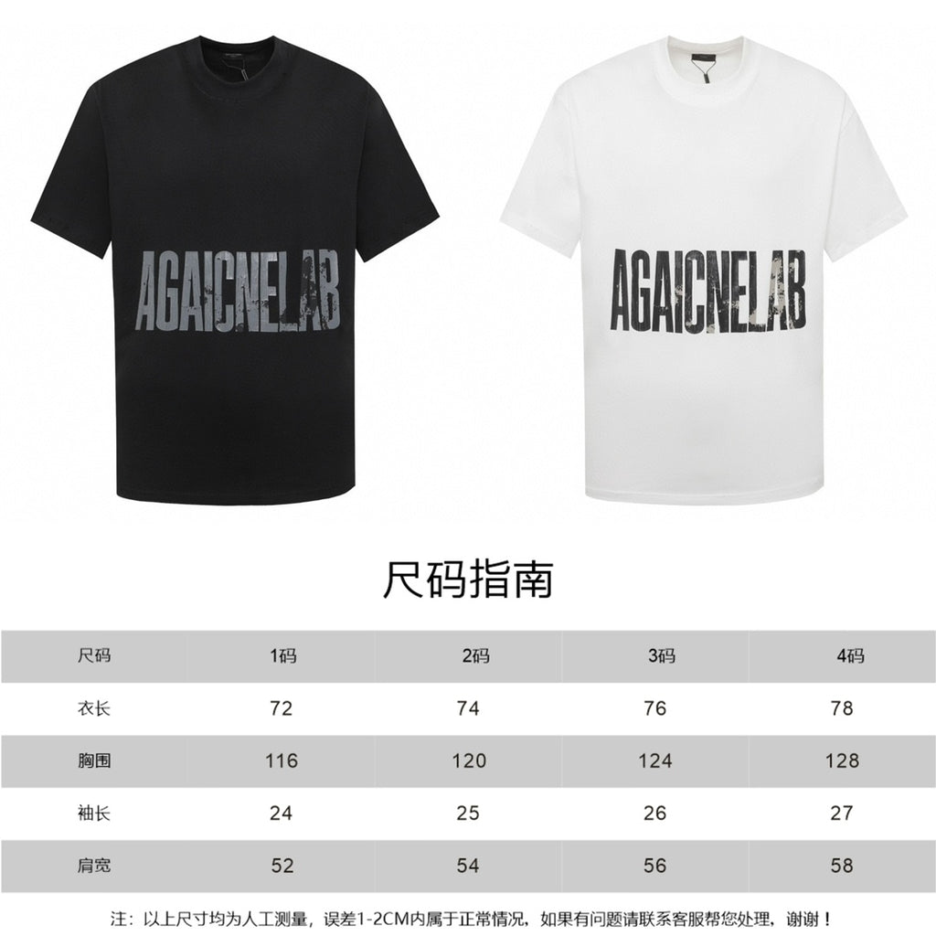 Balenciaga graphic T-shirts on white background: black and white, AGAINCELAB text