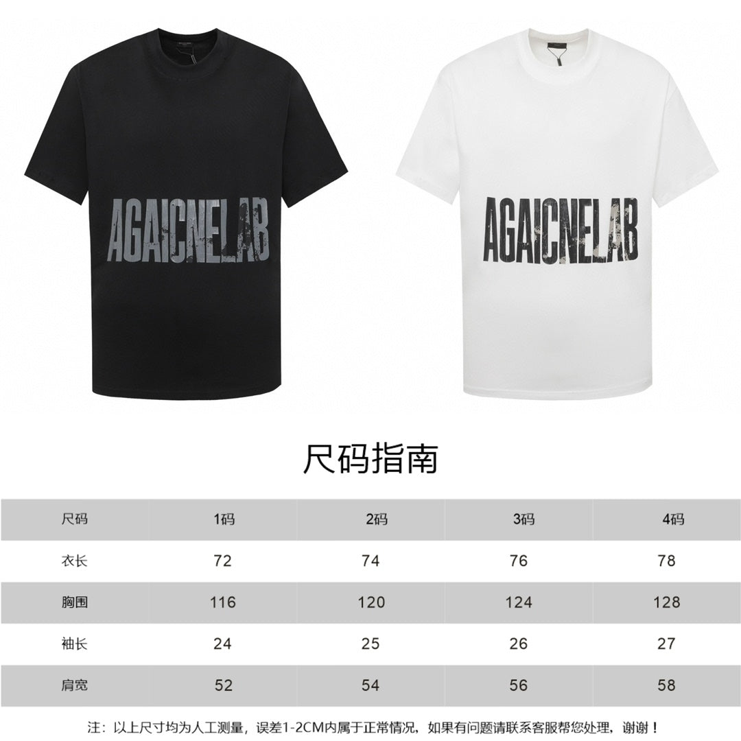 Balenciaga graphic T-shirts on white background: black and white, AGAINCELAB text
