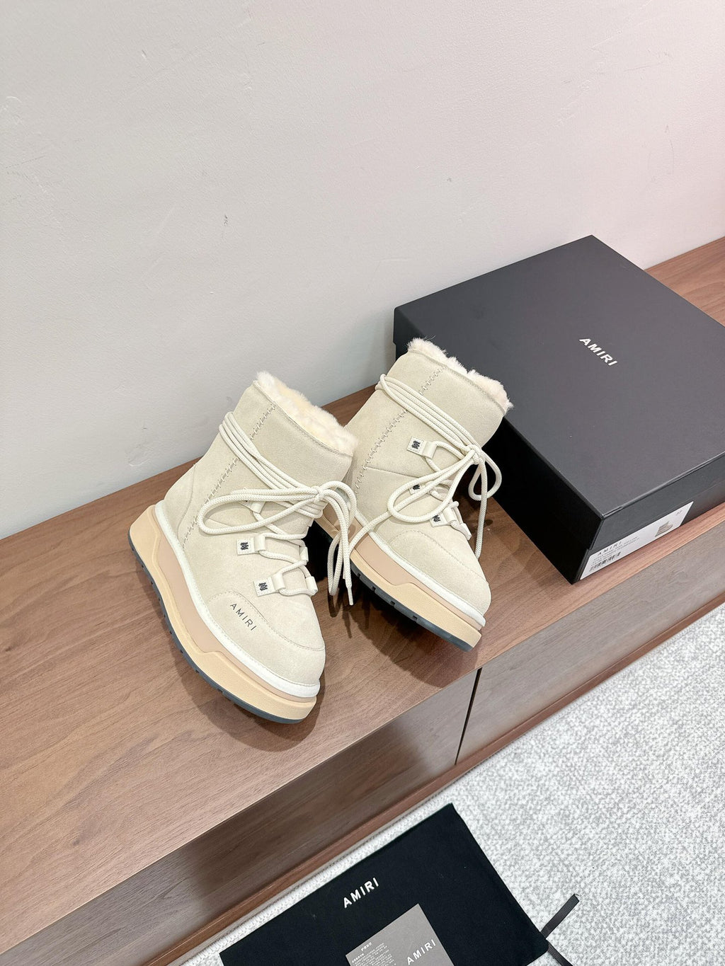 Amiri lace-up ankle boots, light beige suede, sherpa lining and padded collar