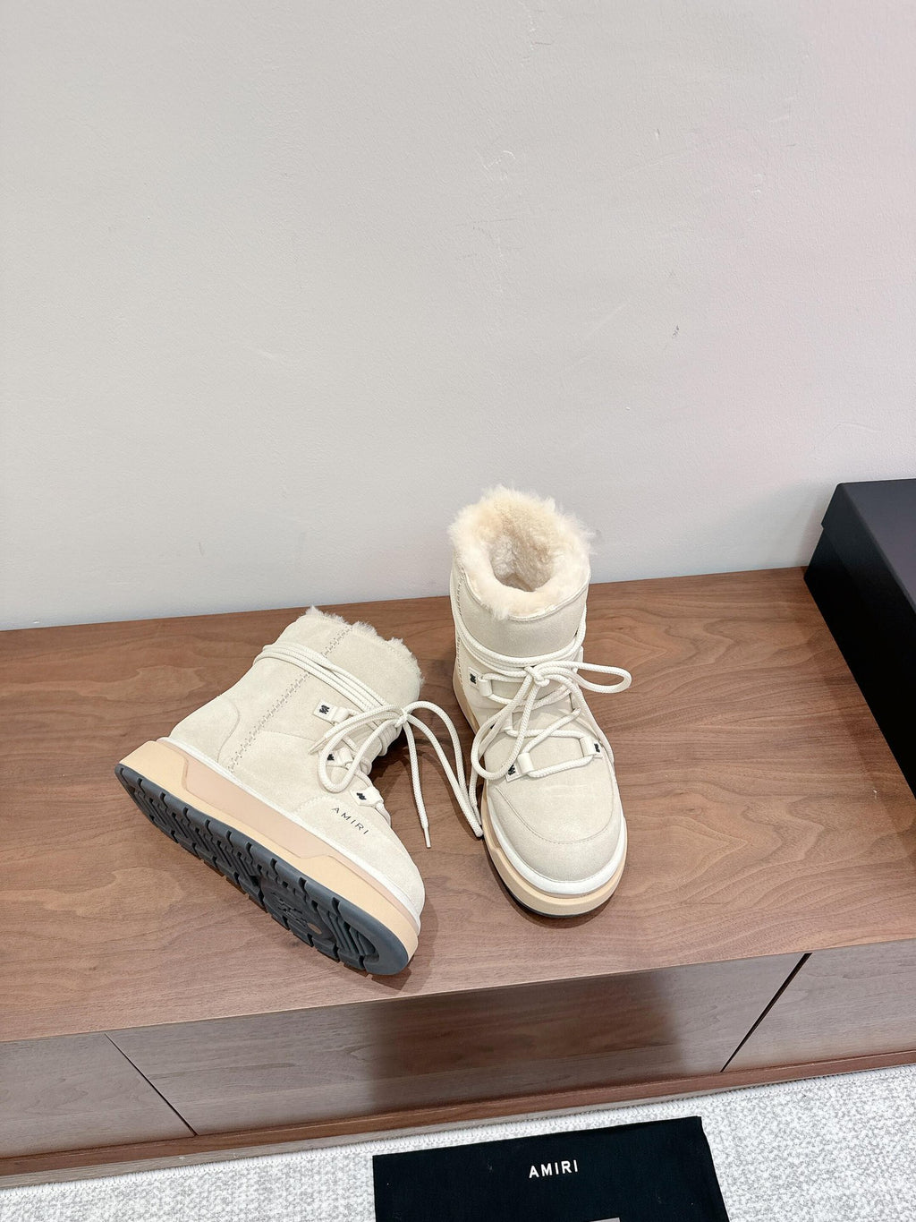 Amiri lace-up ankle boots, light beige suede with white faux-fur lining