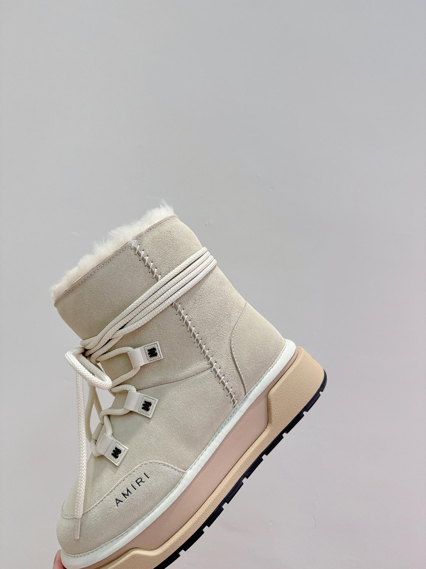 Amiri ankle boots, light beige suede with faux-fur collar and lace ties