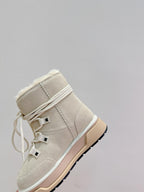 Amiri suede ankle boots, light beige with faux-fur collar and lace-up front