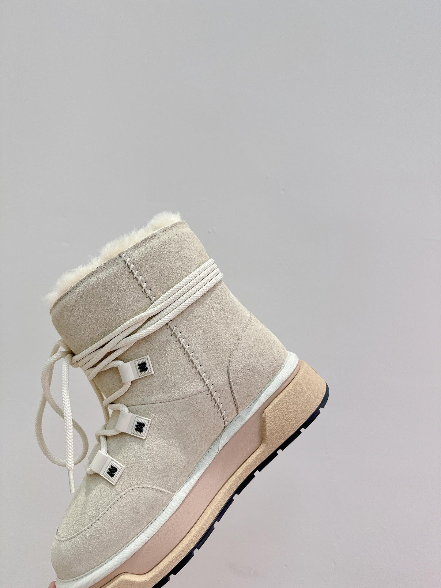 Amiri suede ankle boots, light beige with faux-fur collar and lace-up front