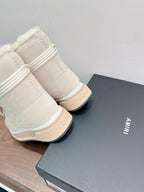 Amiri ankle boots, light beige suede, thick sole and faux-fur cuff detail