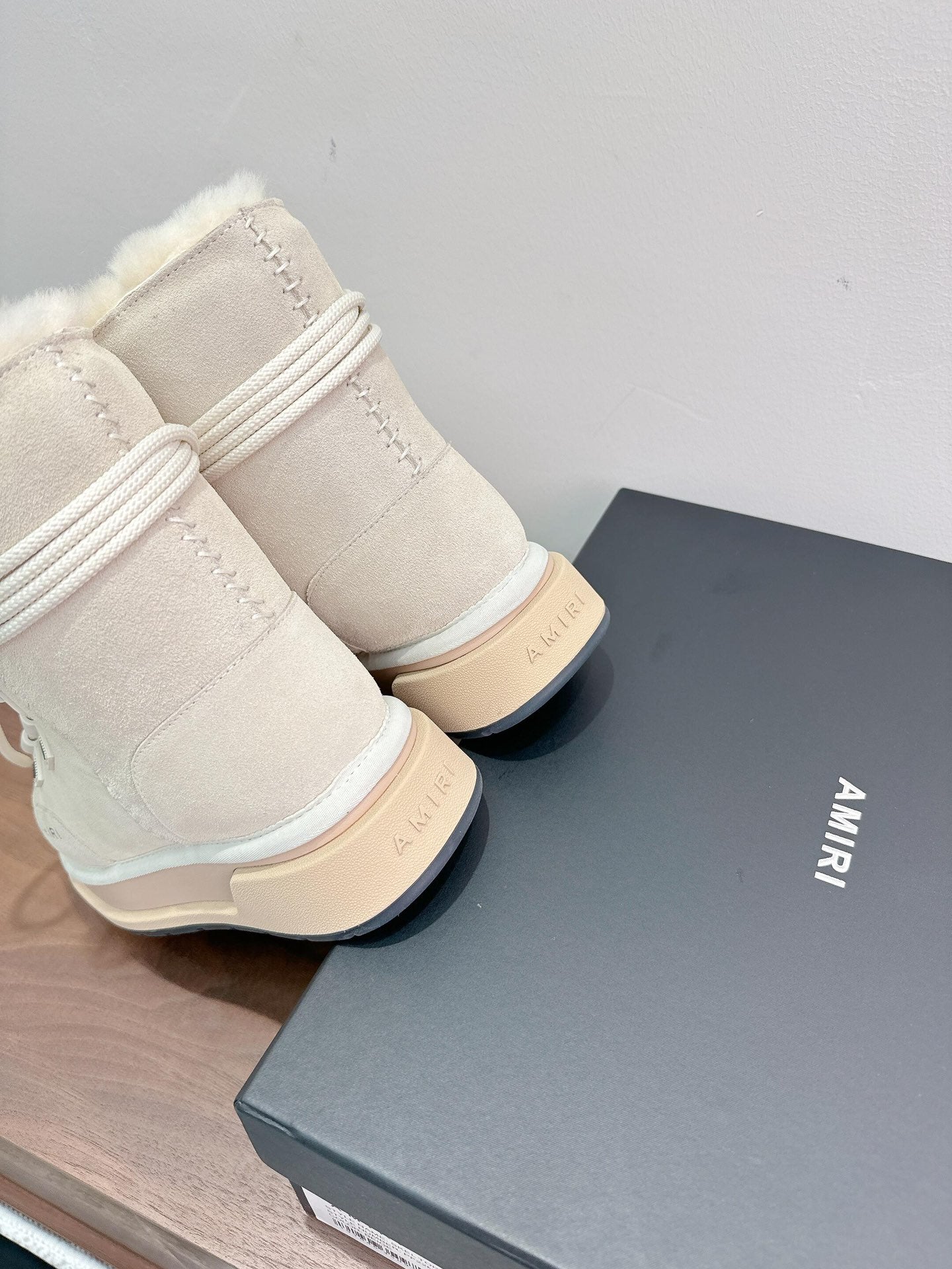 Amiri ankle boots, light beige suede, thick sole and faux-fur cuff detail