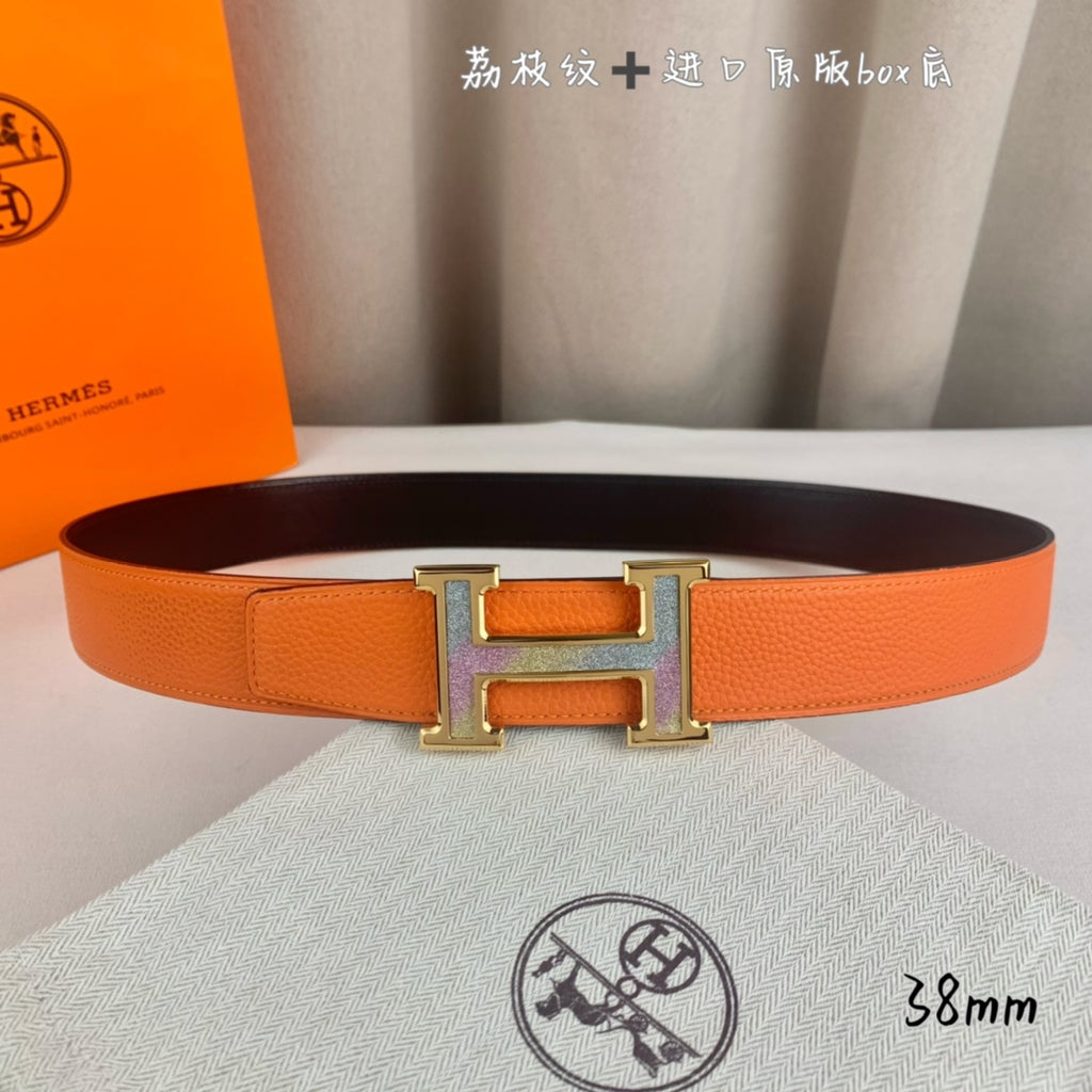 Orange leather belt with silver-tone H buckle