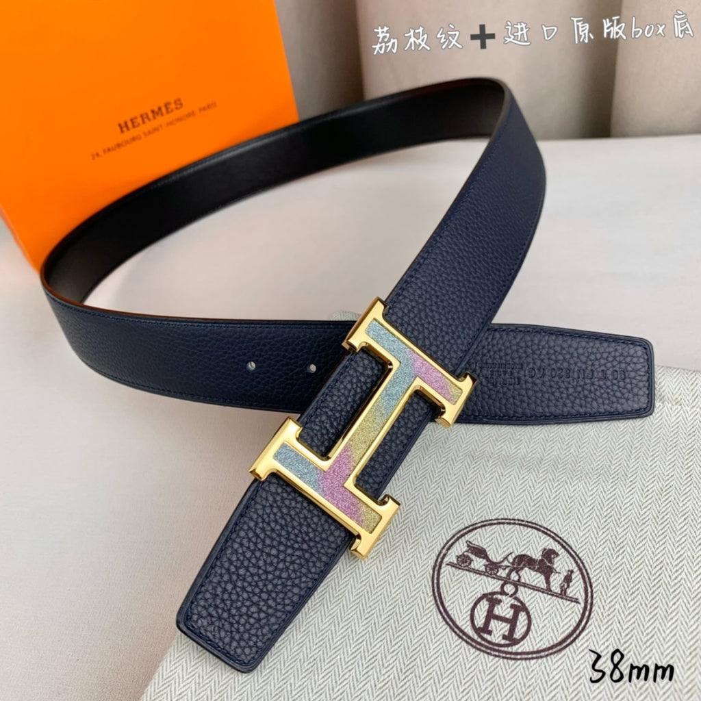 Navy leather belt with gold H buckle and side keeper strap