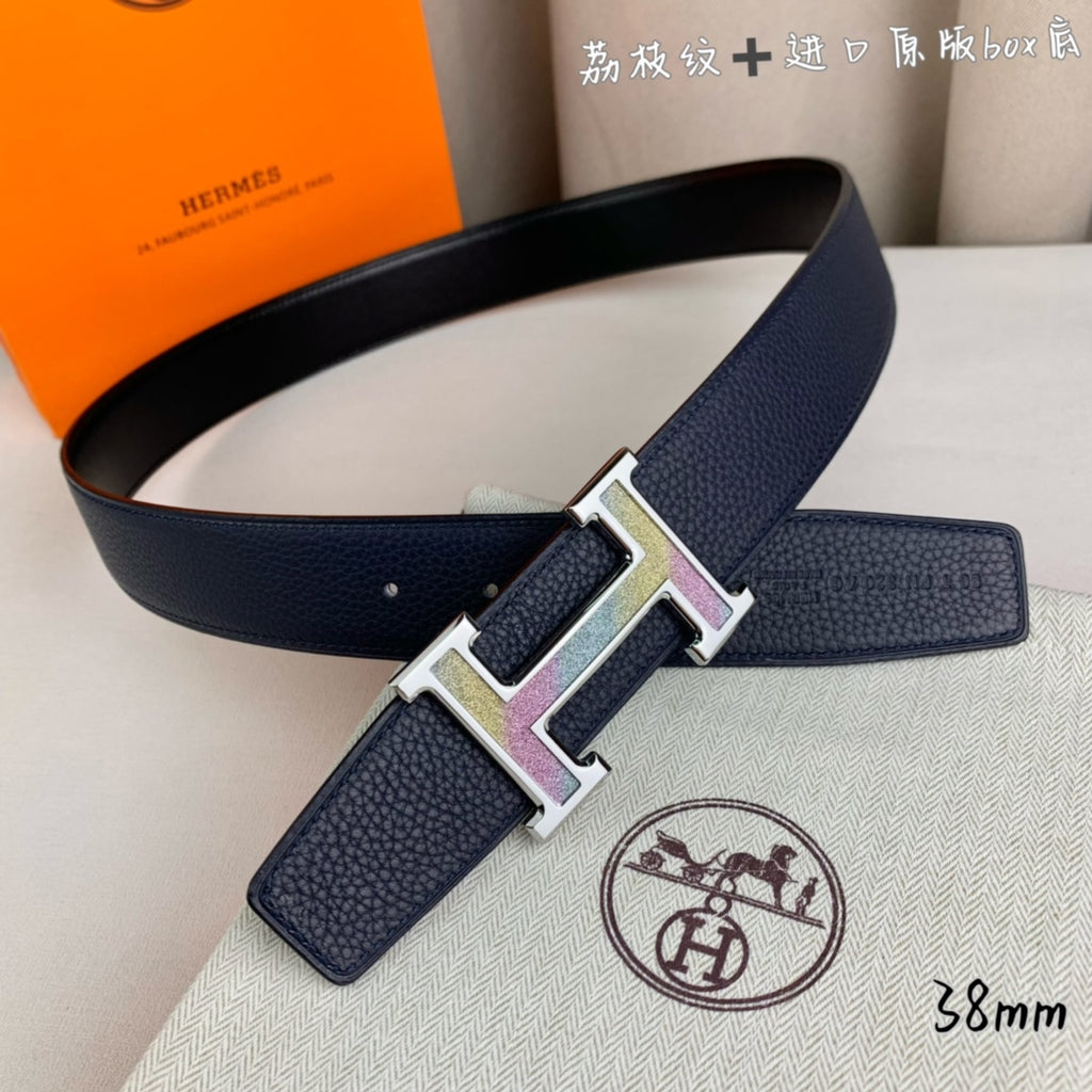 Navy leather belt with gold H buckle and long adjustable strap