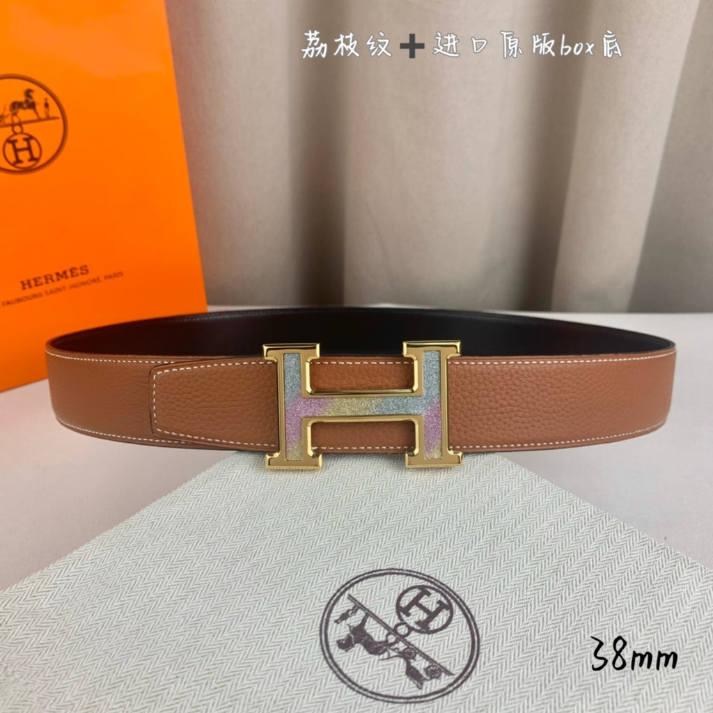 Brown leather belt with gold-tone H buckle and adjustable holes