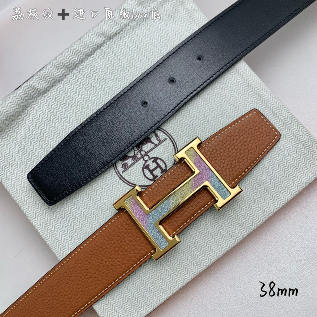 Black leather belt with H buckle and tan leather keeper, adjustable holes