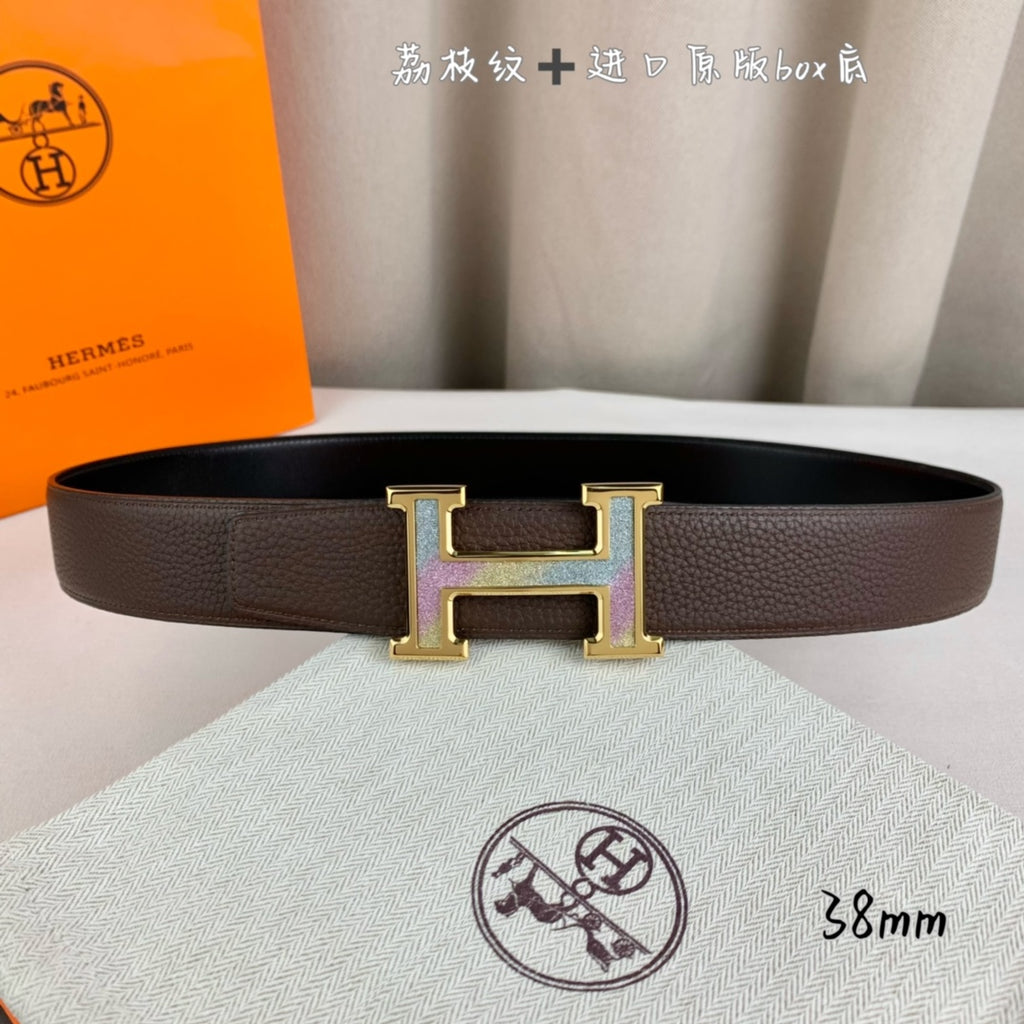 Brown leather belt with gold H buckle and leather keeper tab