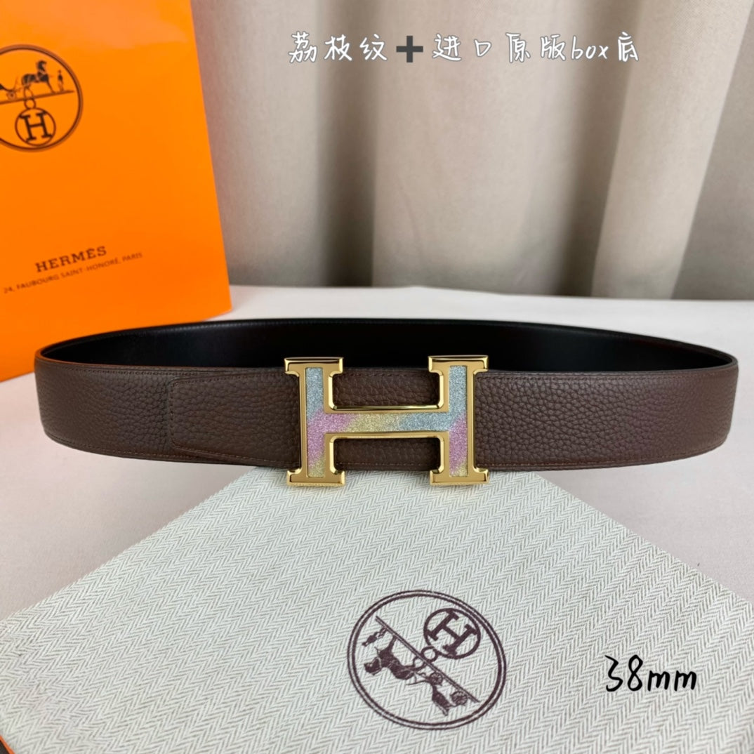 Brown leather belt with gold H buckle and leather keeper tab