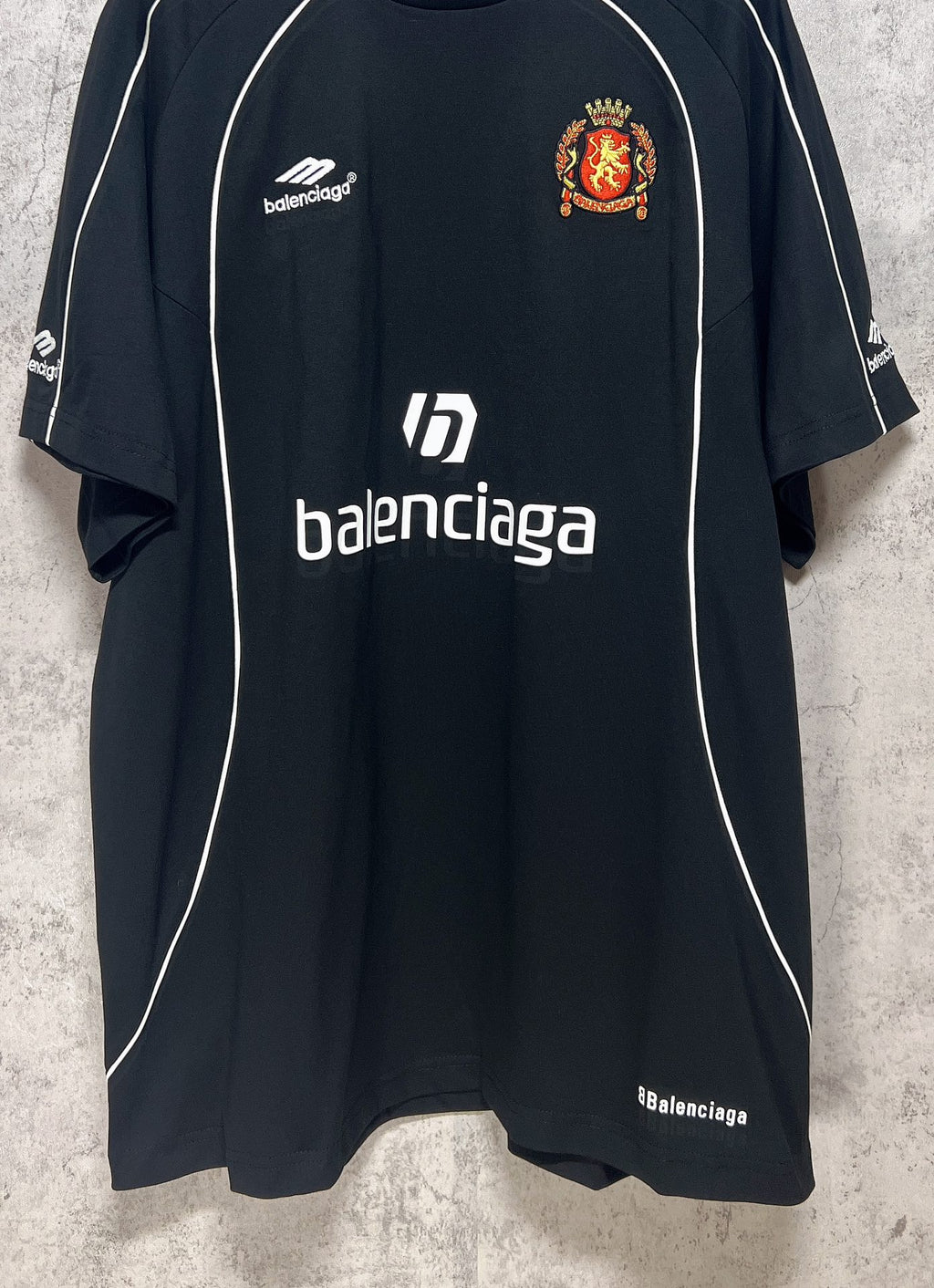 Balenciaga short-sleeve T-shirt, dark with balenciaga logo and crest on chest
