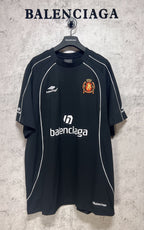 Balenciaga short-sleeve T-shirt, dark front with balenciaga branding and crest