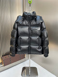 Prada long puffer jacket with hood, dark finish, front zipper and padded pockets