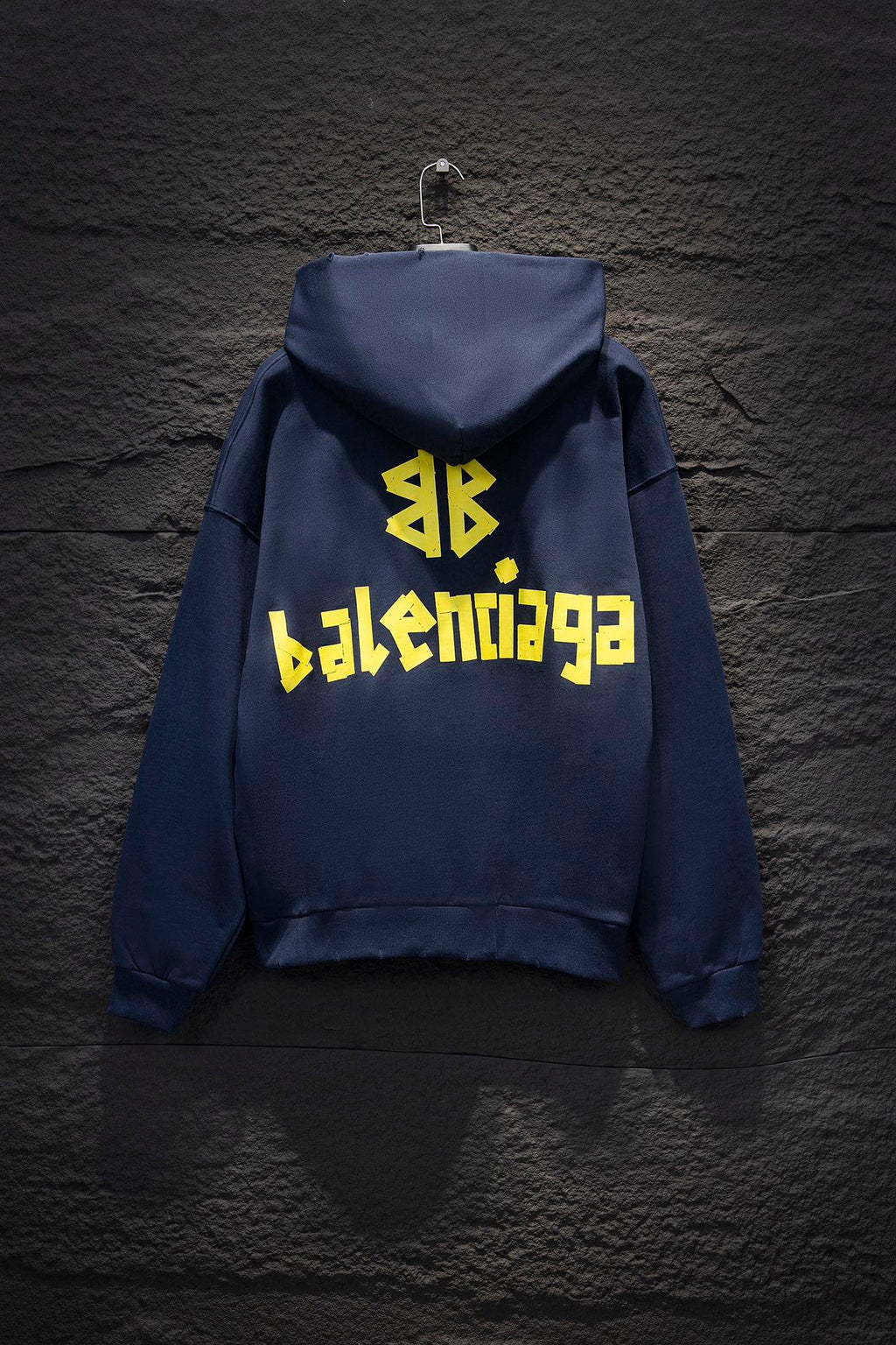 Balenciaga long-sleeve hoodie in dark blue with yellow back logo print and 4B