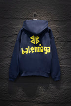 Balenciaga long-sleeve hoodie in dark blue with yellow back logo print and 4B