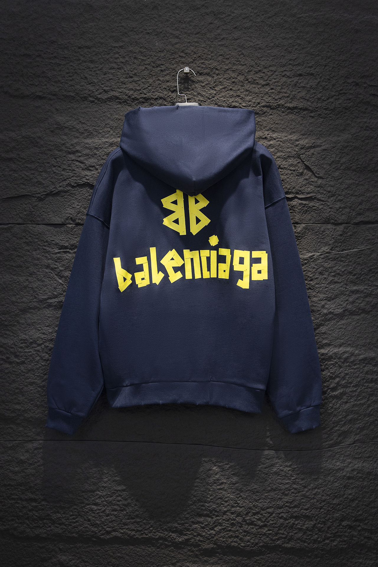Balenciaga long-sleeve hoodie in dark blue with yellow back logo print and 4B
