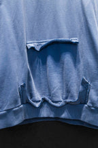 Light blue hoodie front pouch opening with stitched edges and wide kangaroo-style pocket