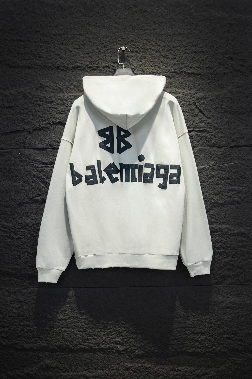 White Balenciaga hoodie with large back logo print and attached hood