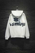 White Balenciaga hoodie with large back logo print and attached hood